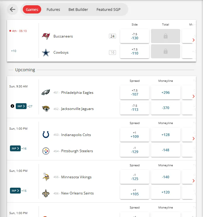 BetOnline's NFL odds page, desktop view