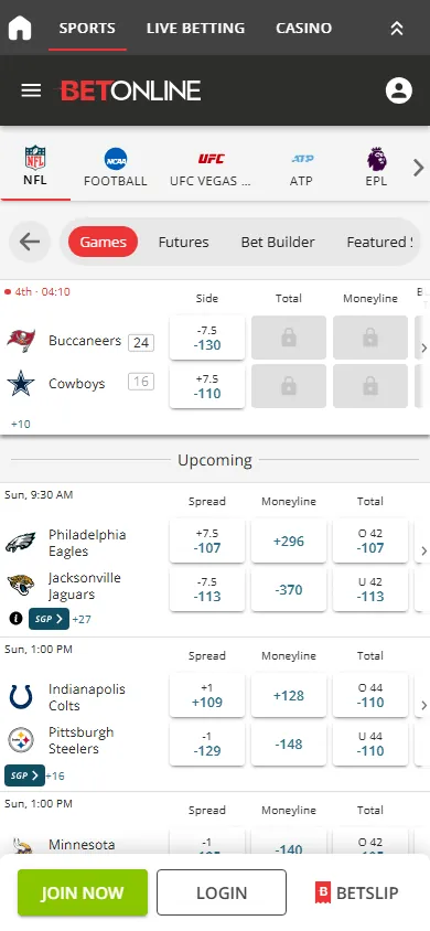 BetOnline's NFL odds page, phone view
