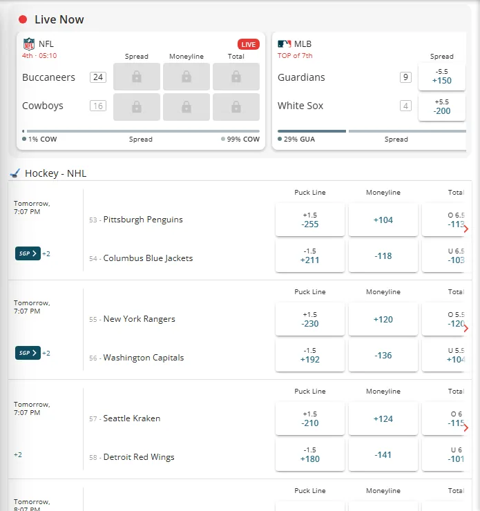 BetOnline's NHL odds page, desktop view