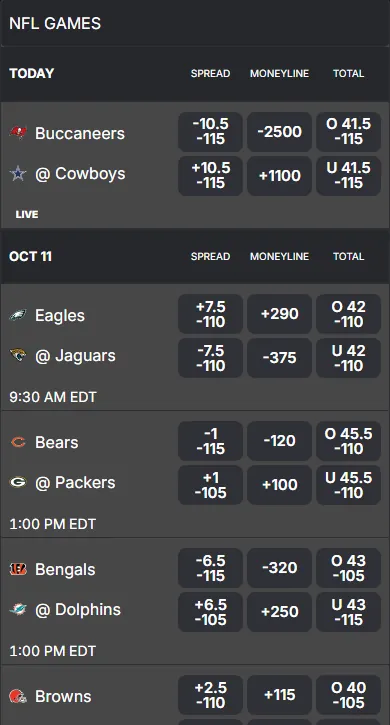 Fanatics' NFL odds page, phone view