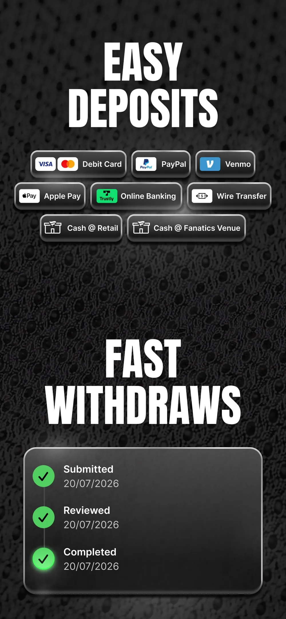 Fanatics' app, from its App Store listing: deposit methods and withdrawal tracking
